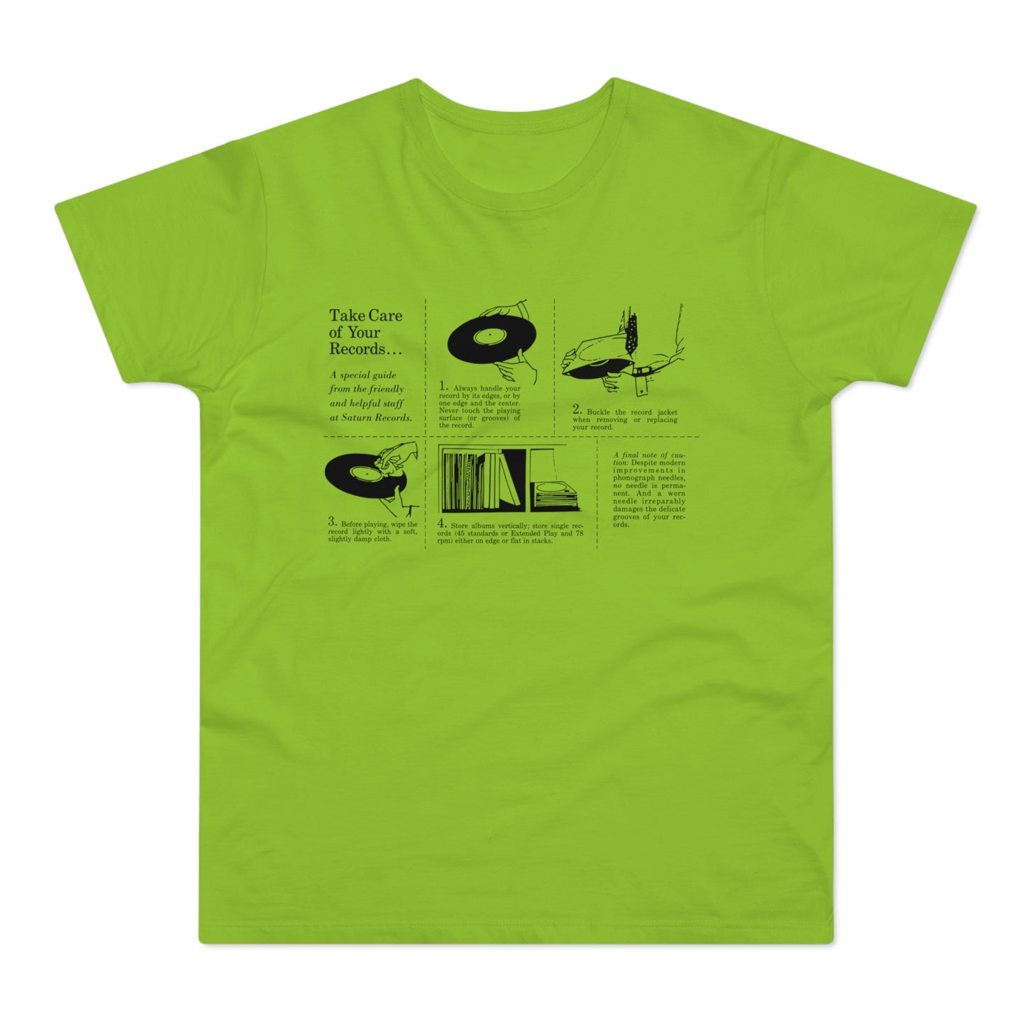 T-shirt with text and illustrations on record care from Saturn Records.