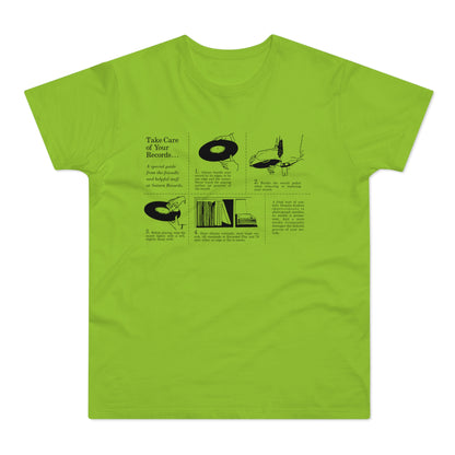 T-shirt with text and illustrations on record care from Saturn Records.