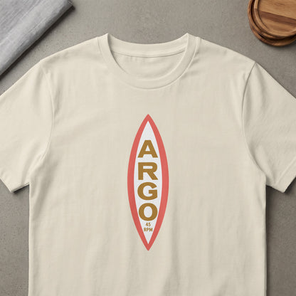 Cream t-shirt with a burgundy and white oval graphic with gold text "ARGO" and "45 RPM".