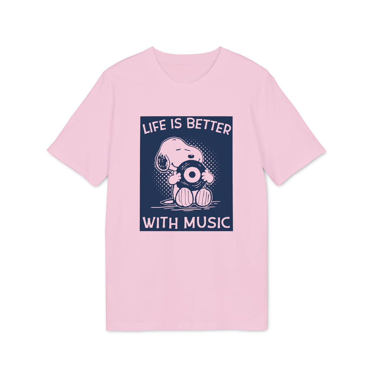 Pink t-shirt with Snoopy holding a vinyl record and text "Life is Better With Music".