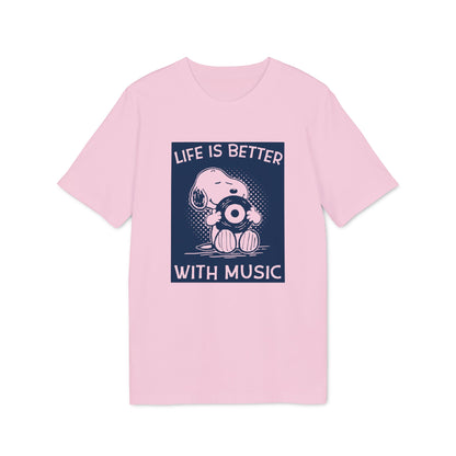 Pink t-shirt with Snoopy holding a vinyl record and text "Life is Better With Music".