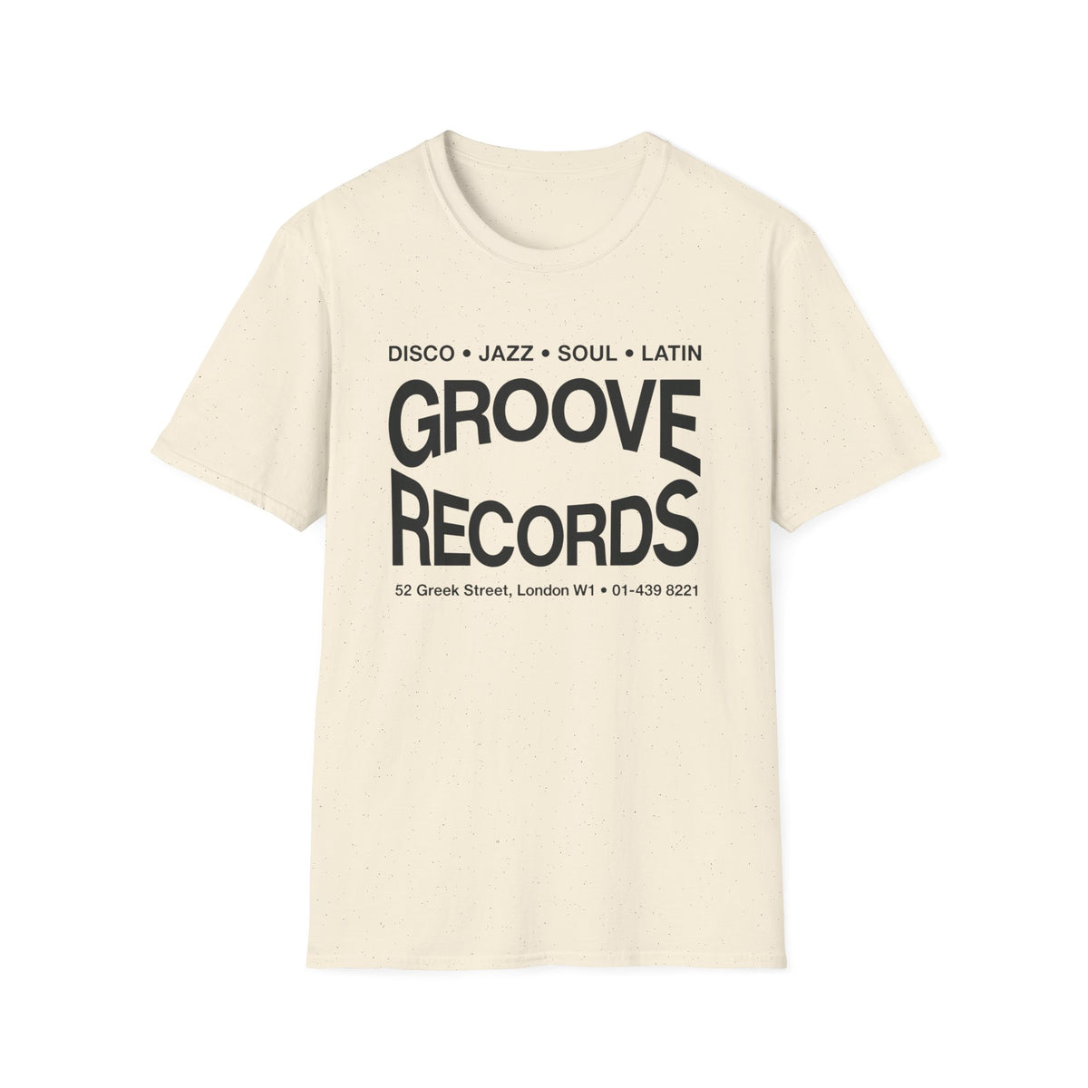 Cream t-shirt with "Groove Records" and musical genres in black text.