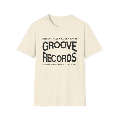 Cream t-shirt with "Groove Records" and musical genres in black text.