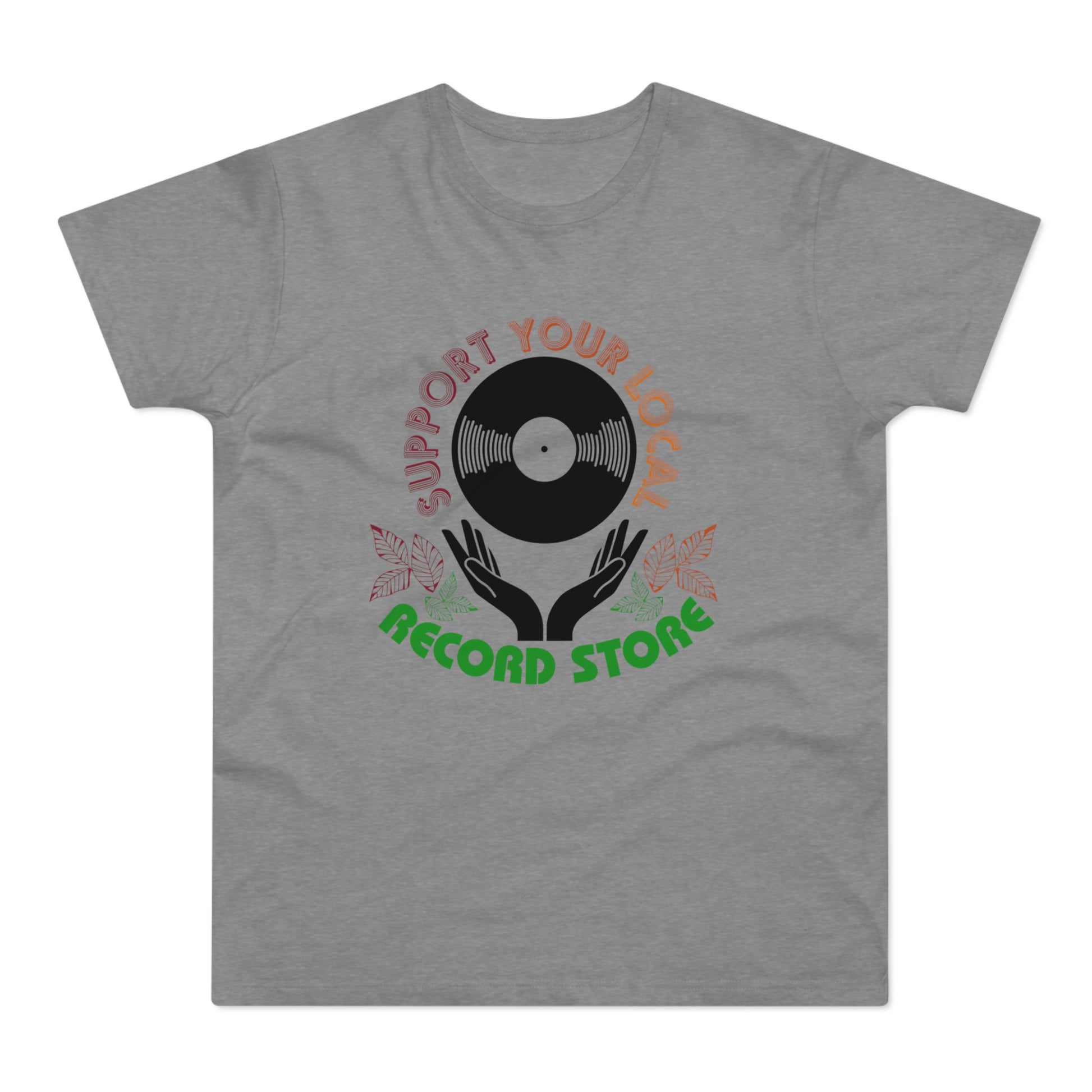 Support your local record store graphic with vinyl record and hands.