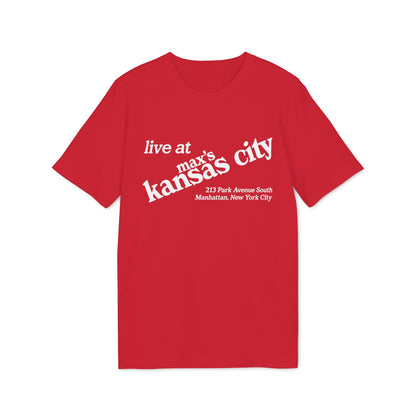 Red t-shirt with white text: "live at max's kansas city 213 Park Avenue South Manhattan, New York City"