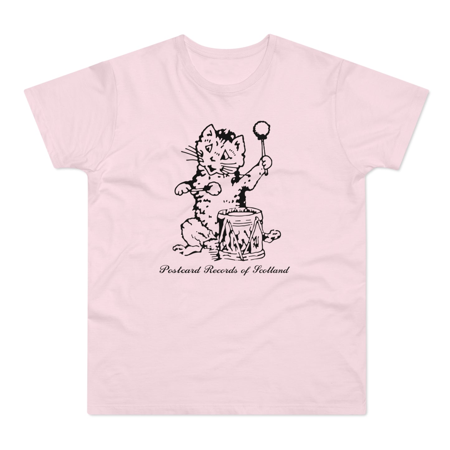 Line art of a cat drumming on a barrel, with "Postcard Records of Scotland" text.