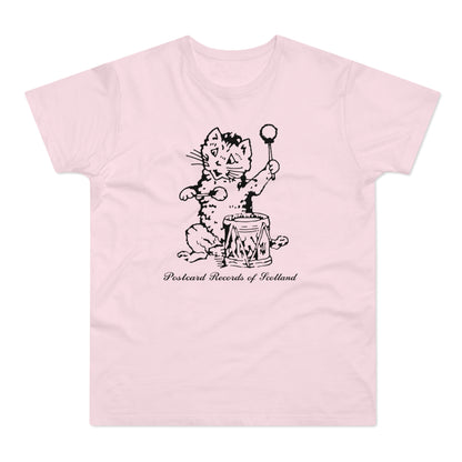 Line art of a cat drumming on a barrel, with "Postcard Records of Scotland" text.