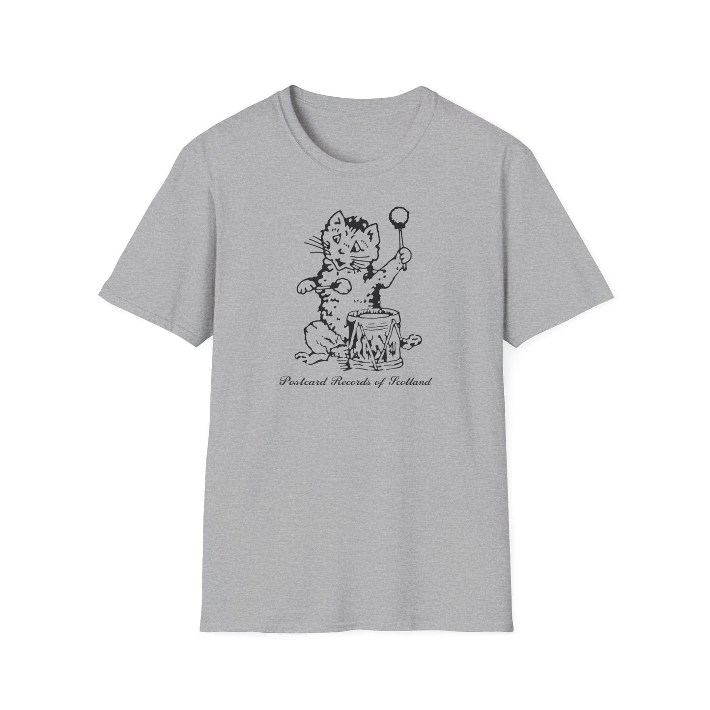 Gray t-shirt with a black line drawing of a cat playing a drum. Text reads: Postcard Records of Scotland.