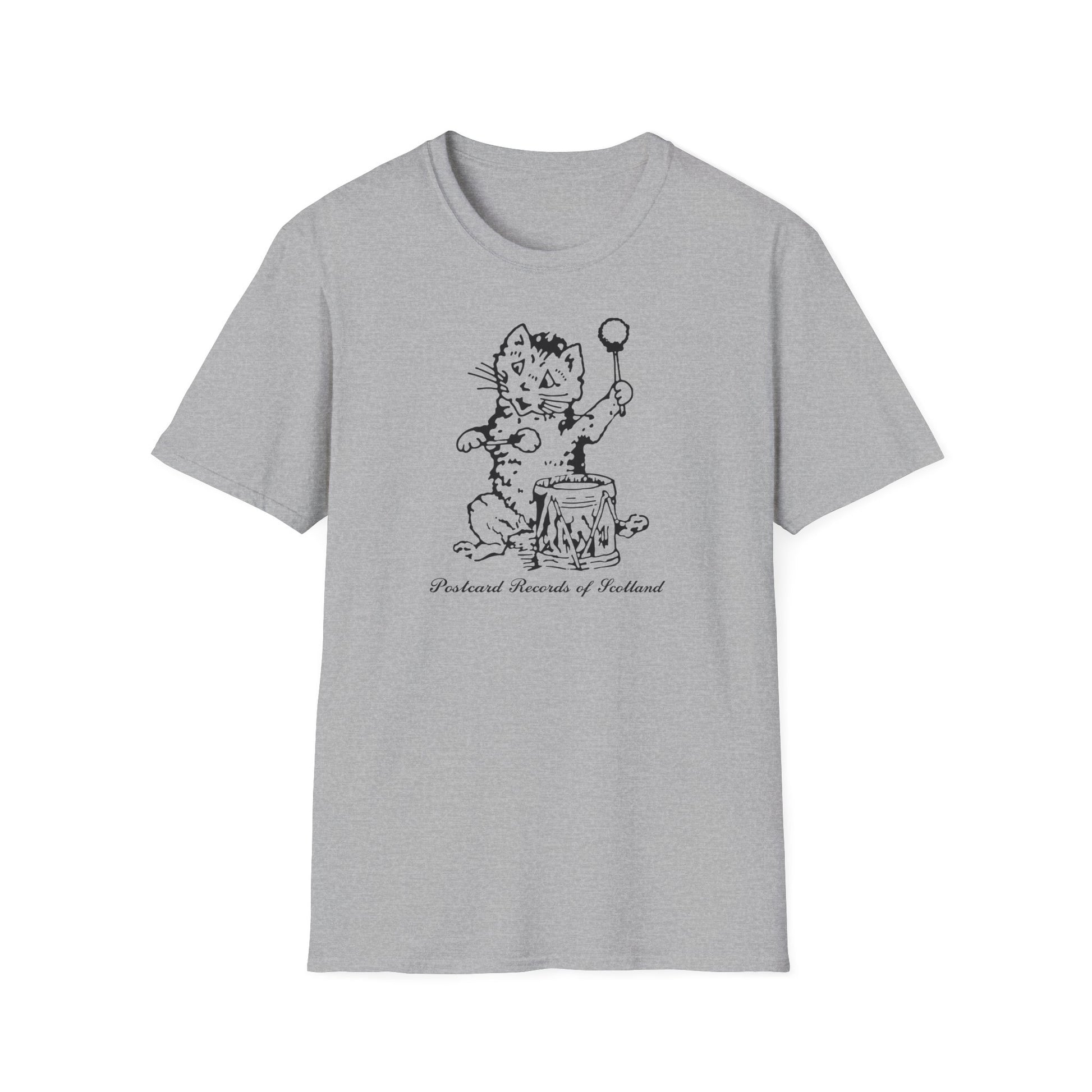 Gray t-shirt with a black line drawing of a cat playing a drum. Text reads: Postcard Records of Scotland.