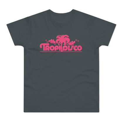 Dark grey t-shirt with a pink "Tropi Disco" graphic and palm tree.