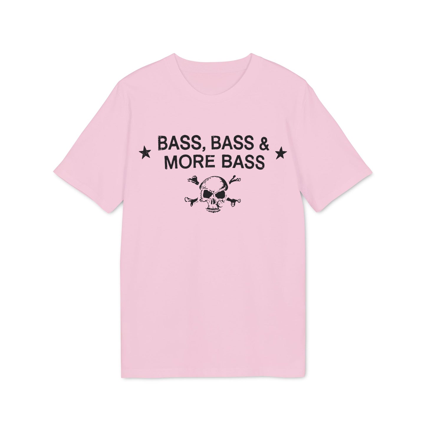 Pink t-shirt with "BASS, BASS & MORE BASS" and skull graphic.