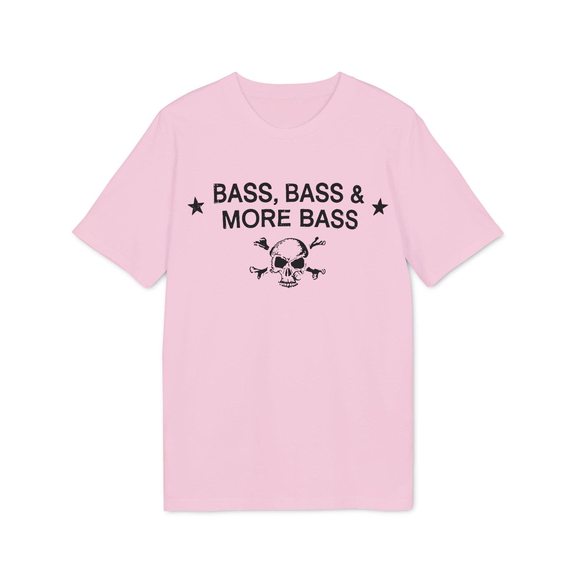 Pink t-shirt with "BASS, BASS & MORE BASS" and skull graphic.