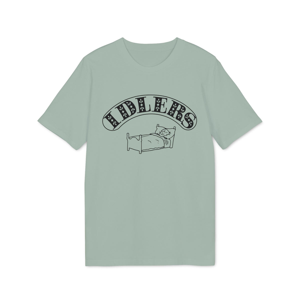 T-shirt with black graphic of a person in bed and text "IDLE LERS" above.