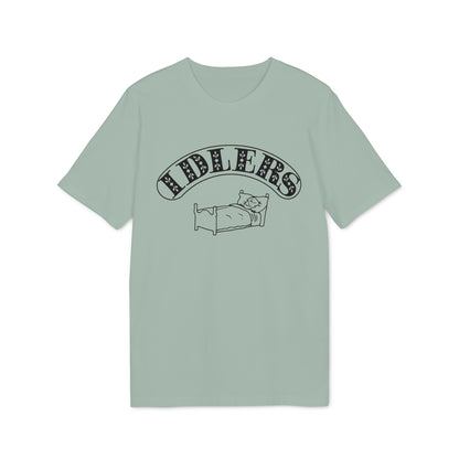 T-shirt with black graphic of a person in bed and text "IDLE LERS" above.