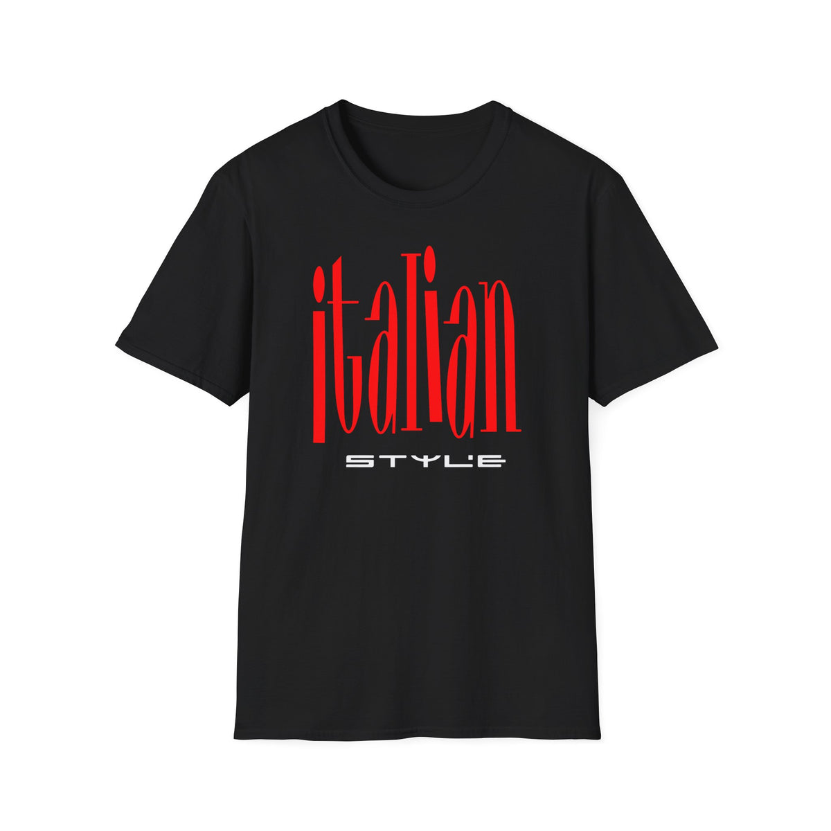 Black t-shirt with red "italian STYLE" text on the front.