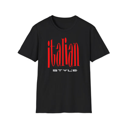 Black t-shirt with red "italian STYLE" text on the front.