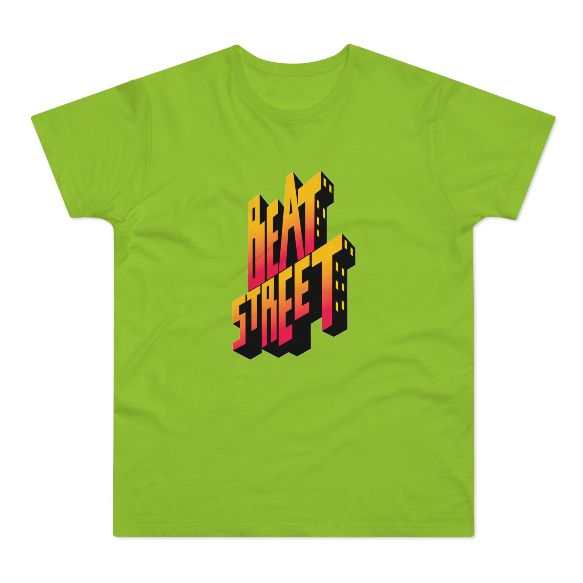 Lime green t-shirt with 3D "BEAT STREET" text graphic.