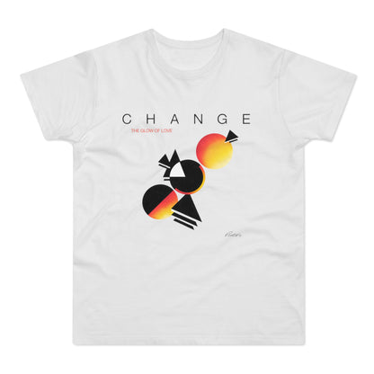 White t-shirt with "CHANGE" and "THE GLOW OF LOVE" text and abstract geometric design.