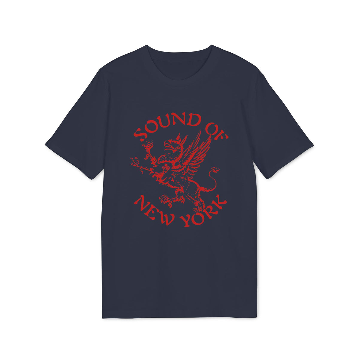 Navy t-shirt with red "Sound of New York" text and a griffin graphic.