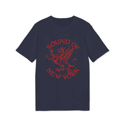 Navy t-shirt with red "Sound of New York" text and a griffin graphic.