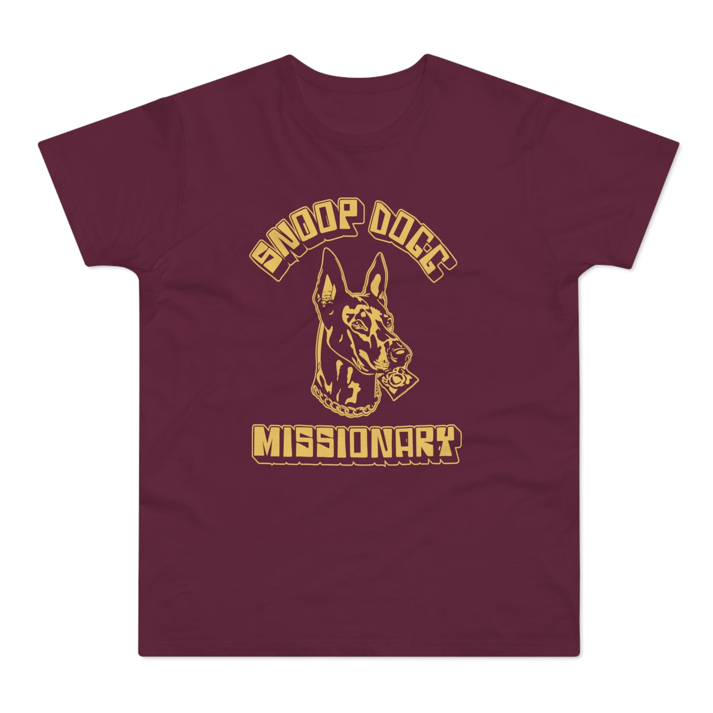 Maroon t-shirt with a dog holding a condom and text "Snoop Dogg Missionary".