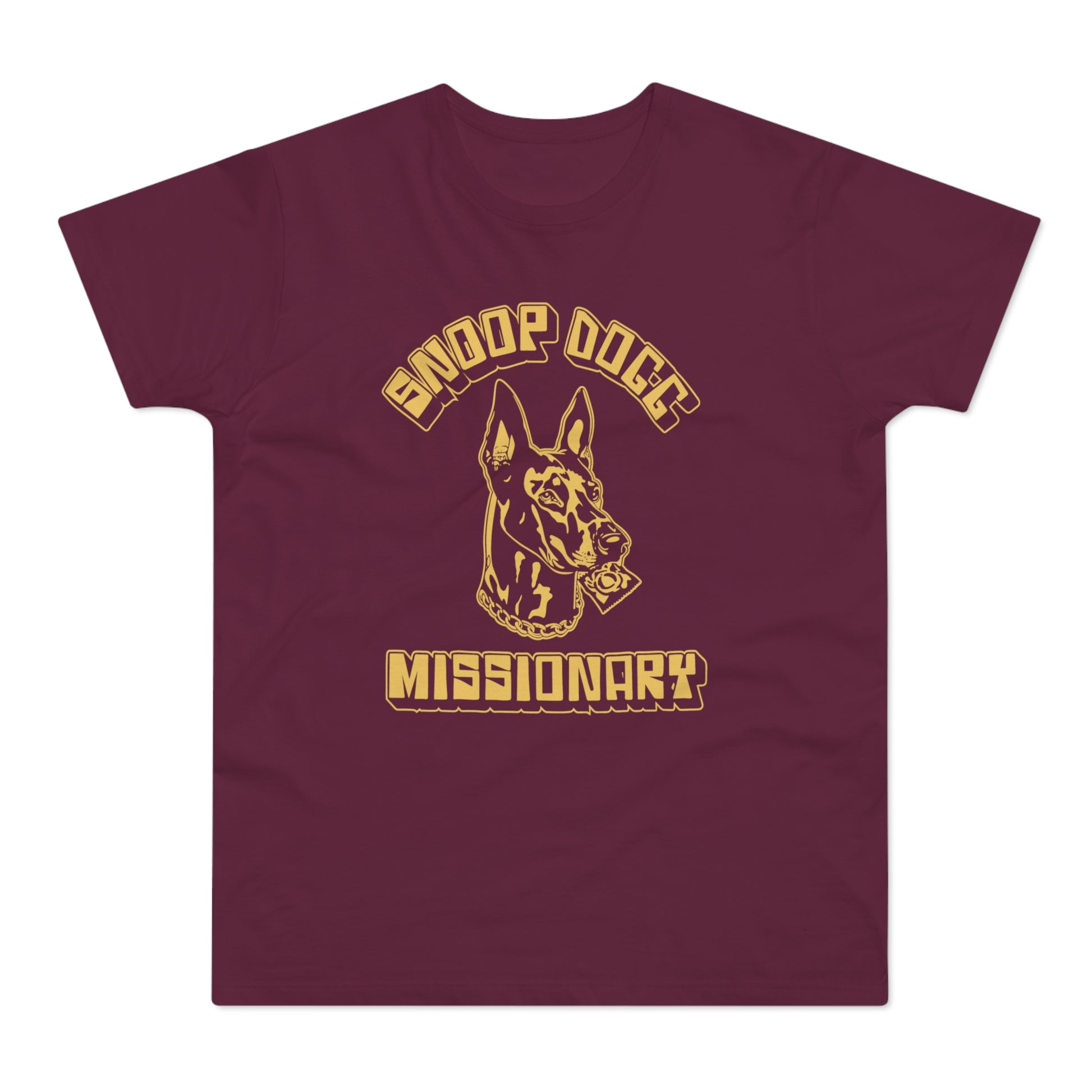 Maroon t-shirt with a dog holding a condom and text "Snoop Dogg Missionary".