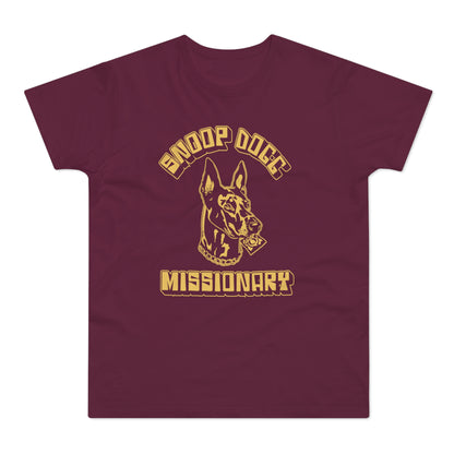 Maroon t-shirt with a dog holding a condom and text "Snoop Dogg Missionary".