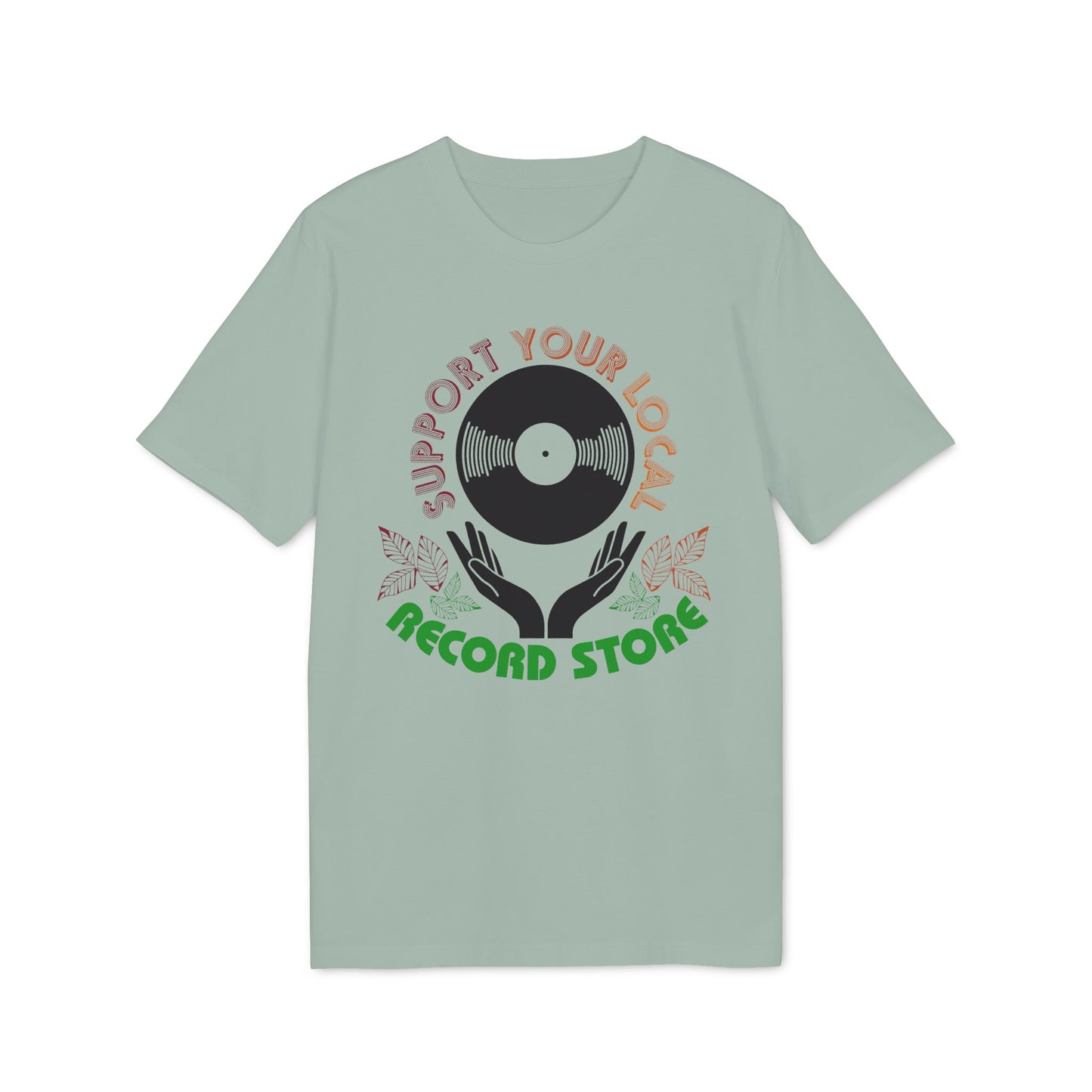 Light sage shirt with circular graphic featuring vinyl record, hands, leaves, and text.