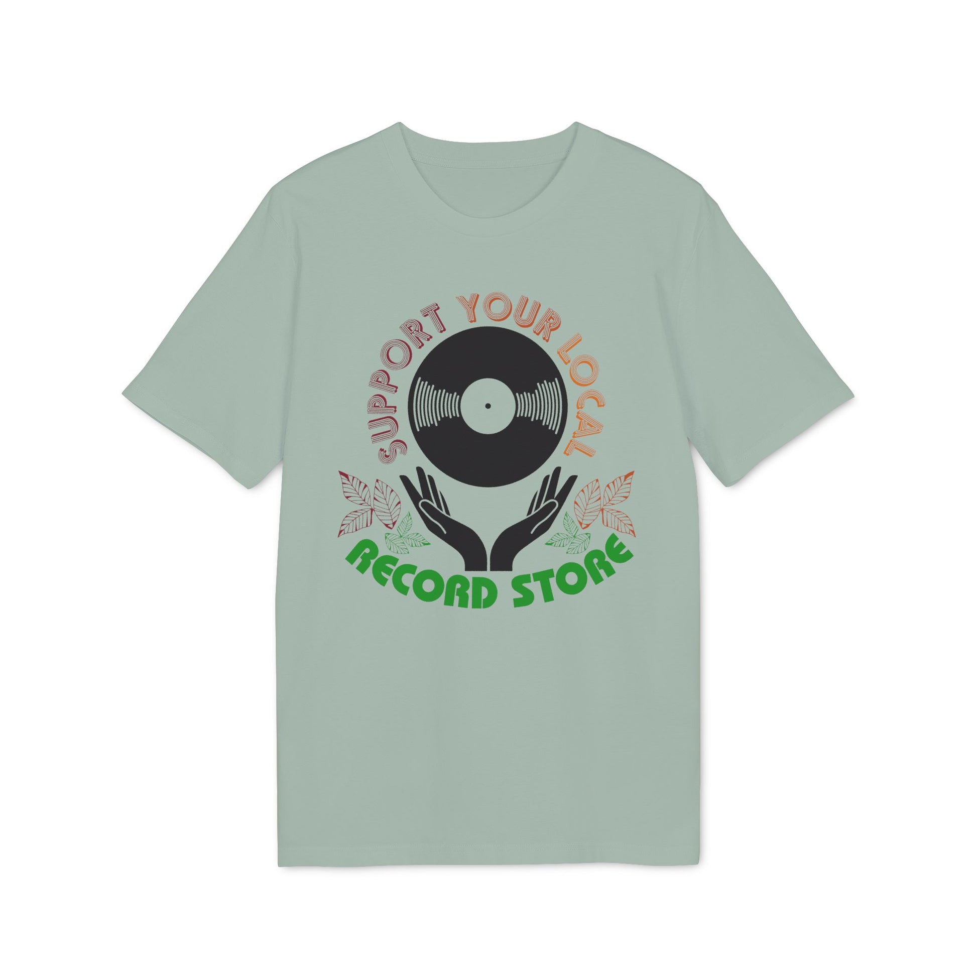 Light sage shirt with circular graphic featuring vinyl record, hands, leaves, and text.