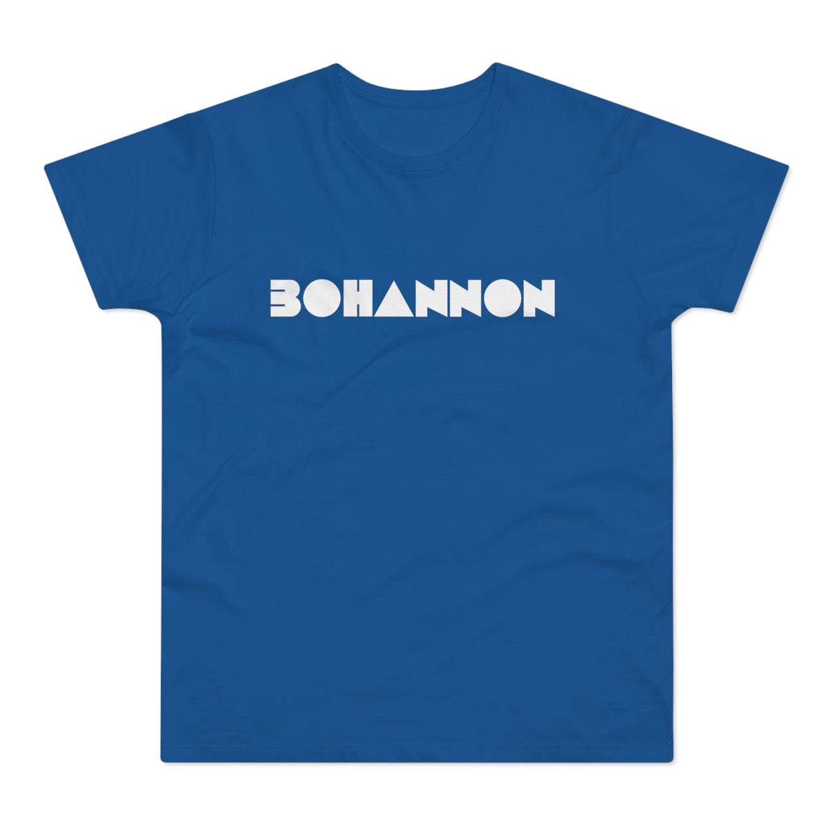 Blue t-shirt with white "BOHANNON" text in geometric font.