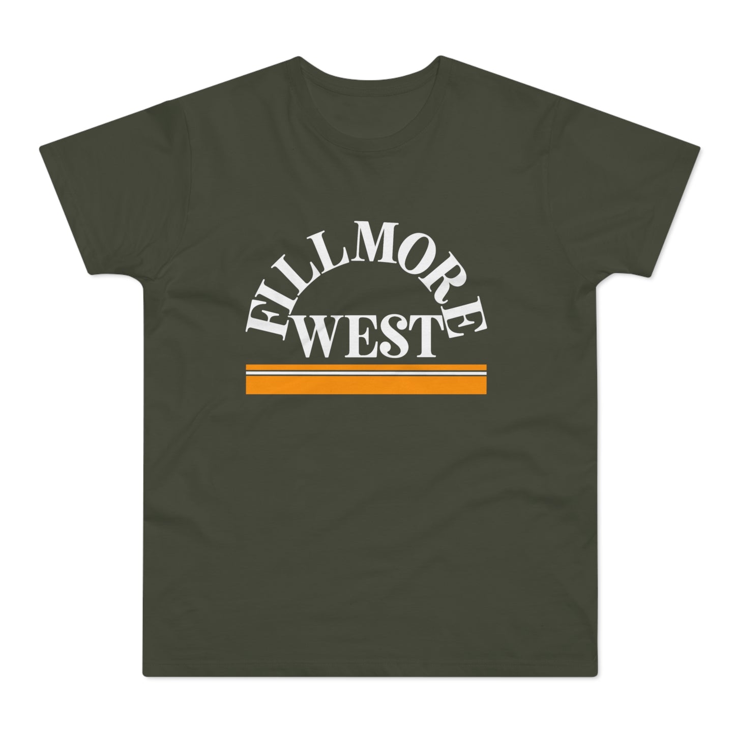 Dark green t-shirt with white "FILLMORE WEST" text and orange stripes.
