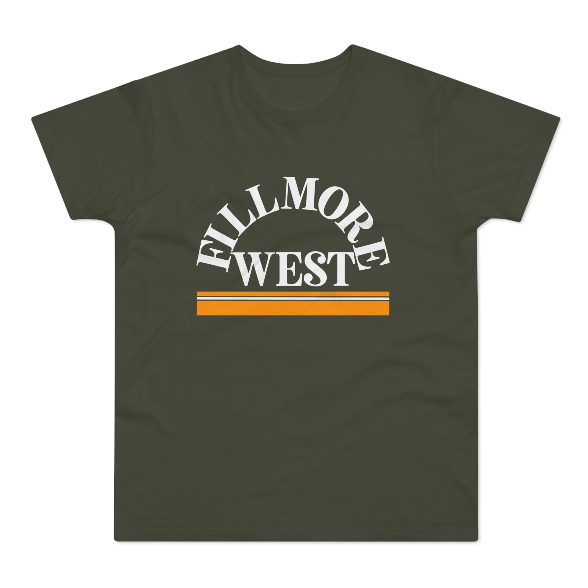 Dark green t-shirt with white "FILLMORE WEST" text and orange stripes.