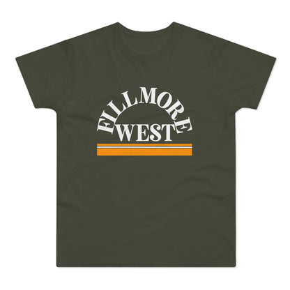 Dark green t-shirt with white "FILLMORE WEST" text and orange stripes.