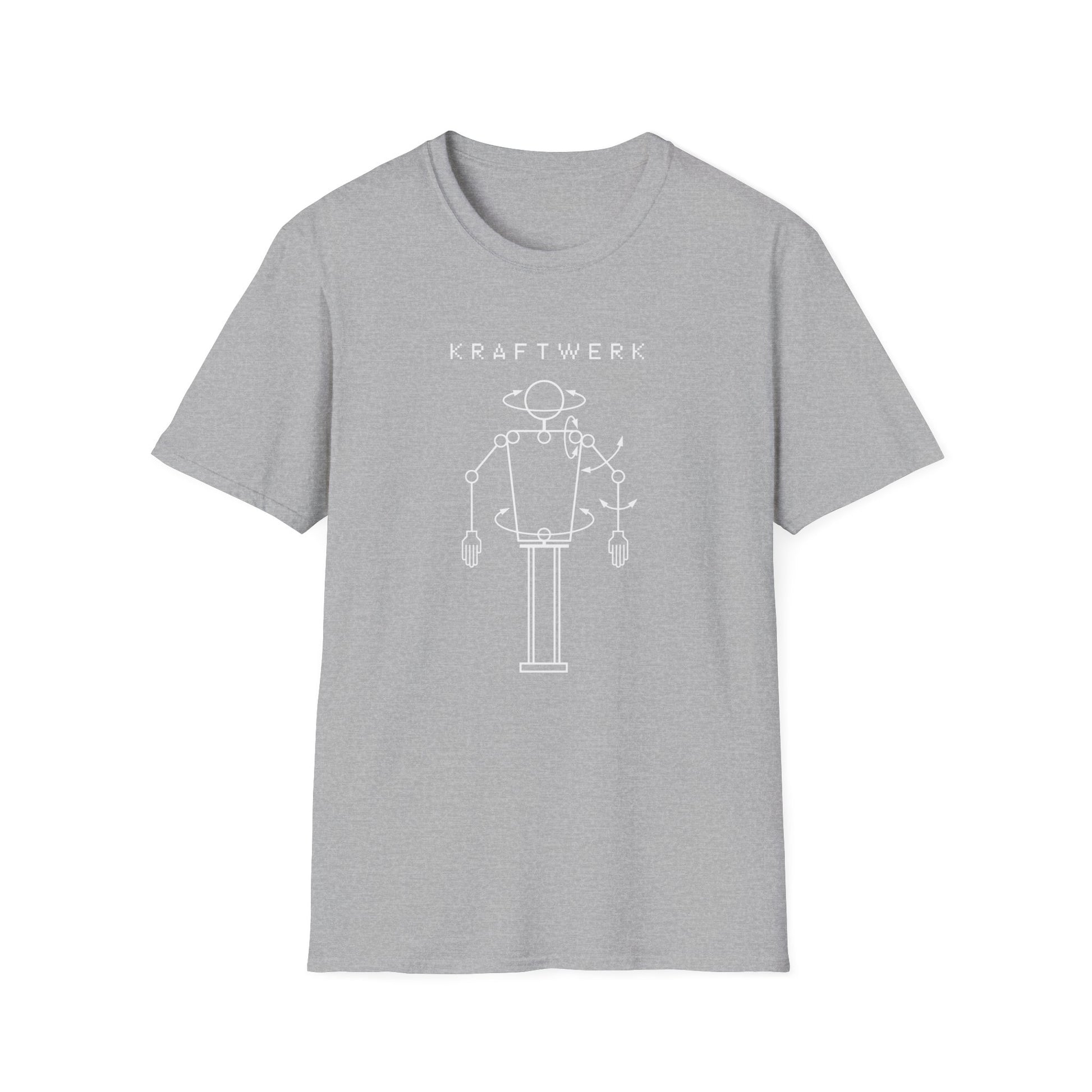 Grey t-shirt with Kraftwerk logo and schematic figure graphic.