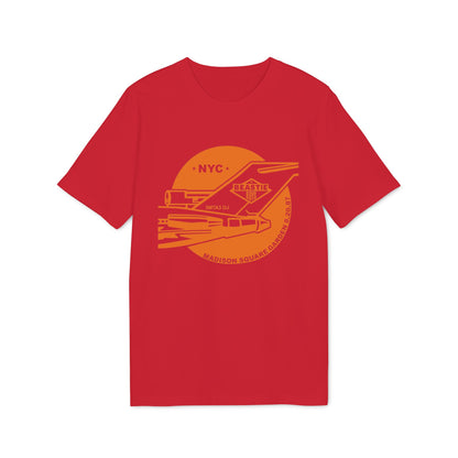 Red t-shirt with Beastie Boys NYC Madison Square Garden 8.20.87 graphic.