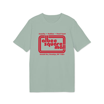 Light green t-shirt with red text "Albee Square Mall" and location.