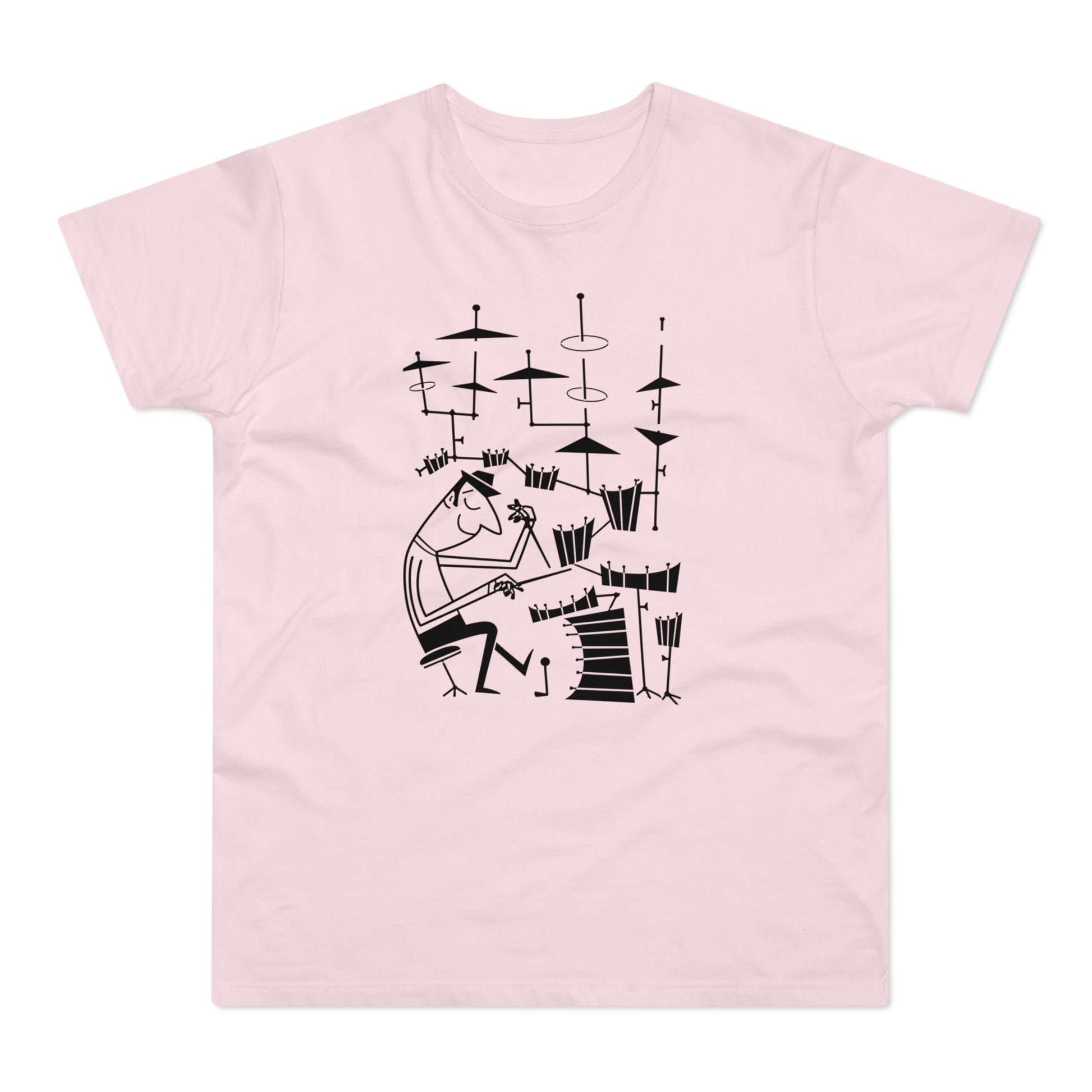 Black line art of a drummer playing a drum set on a pink t-shirt.