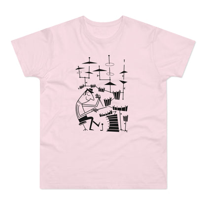 Black line art of a drummer playing a drum set on a pink t-shirt.