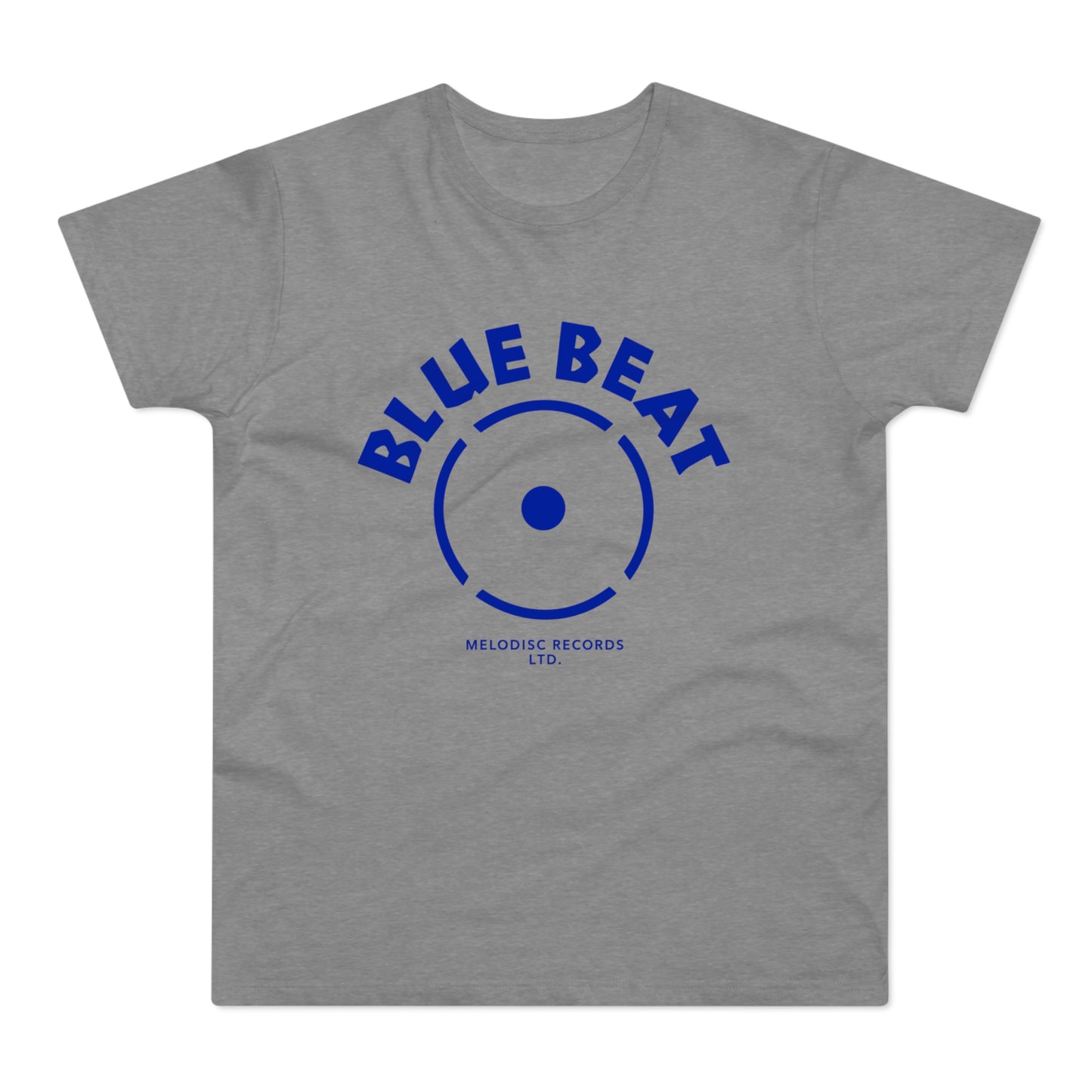 Grey t-shirt with blue "BLUE BEAT" text over a record graphic.