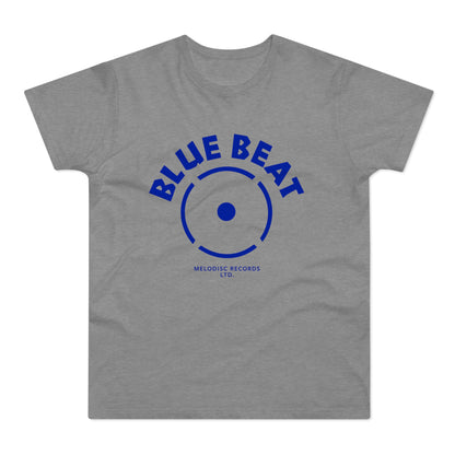 Grey t-shirt with blue "BLUE BEAT" text over a record graphic.