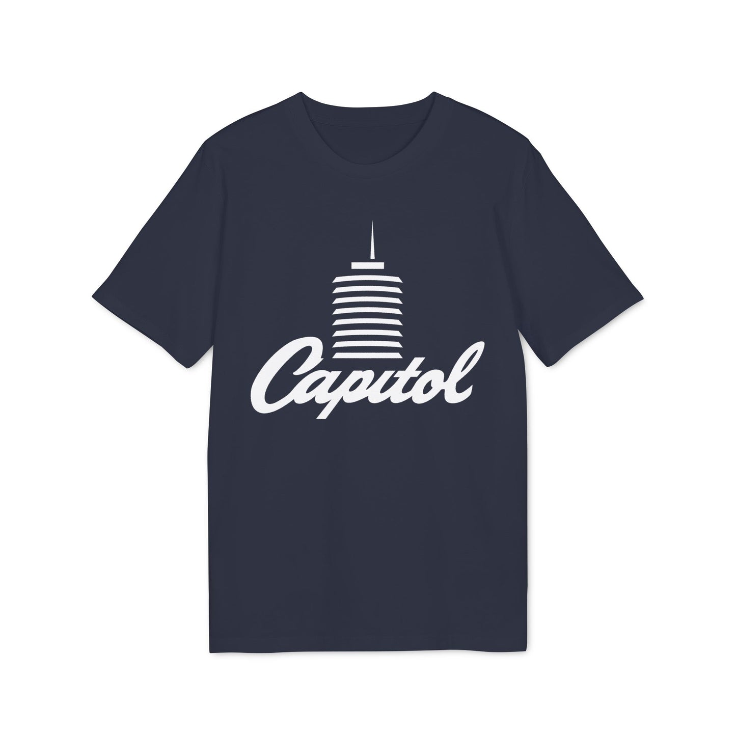 Navy t-shirt with white "Capitol" text and building graphic.