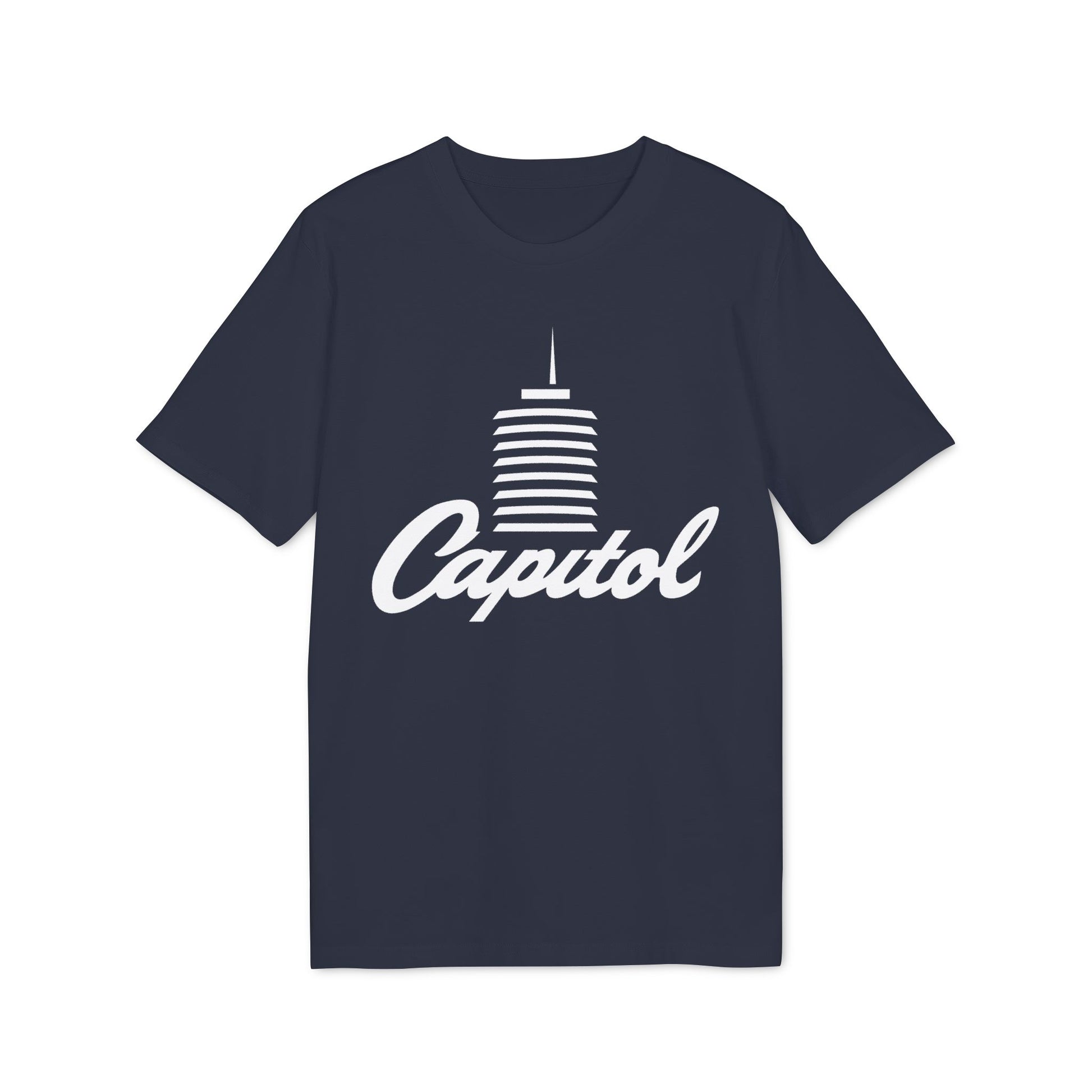 Navy t-shirt with white "Capitol" text and building graphic.