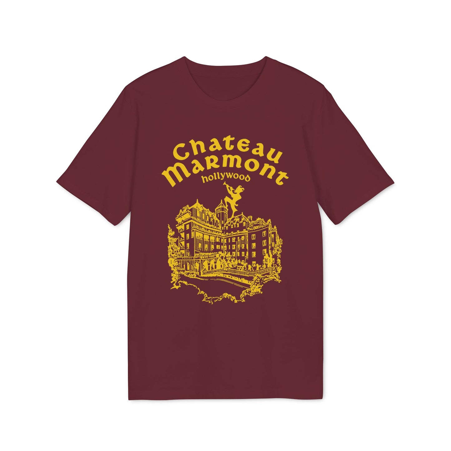 Maroon t-shirt featuring yellow "Chateau Marmont Hollywood" text with a building illustration.