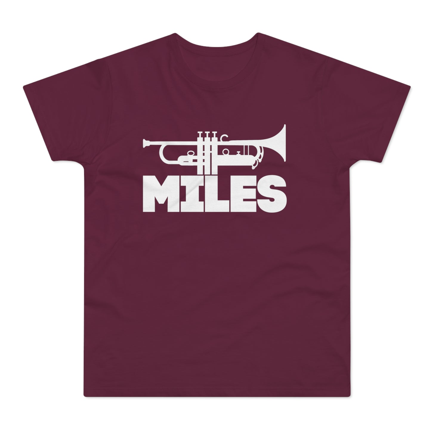 Maroon t-shirt with white trumpet graphic and "MILES" text.