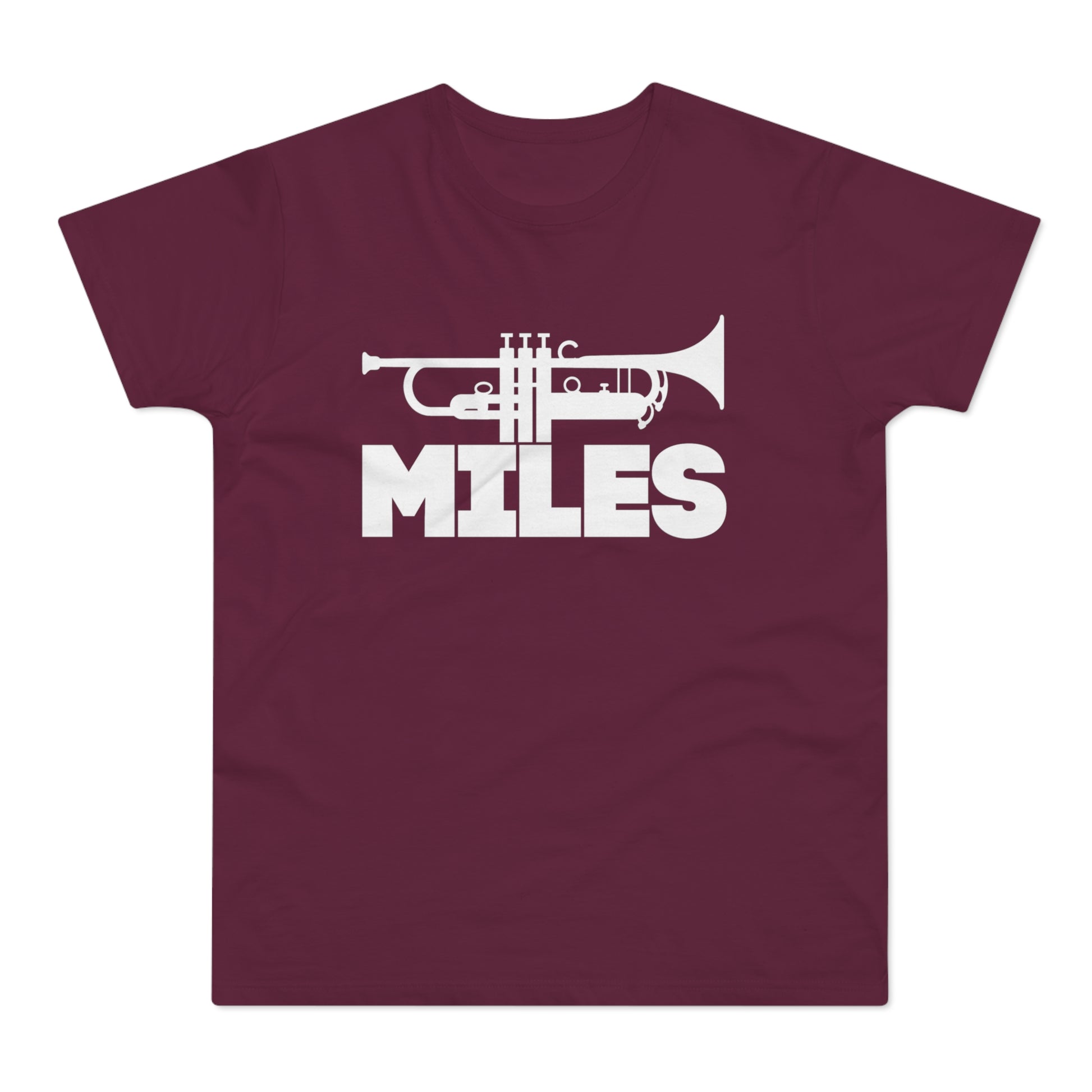 Maroon t-shirt with white trumpet graphic and "MILES" text.