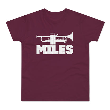 Maroon t-shirt with white trumpet graphic and "MILES" text.