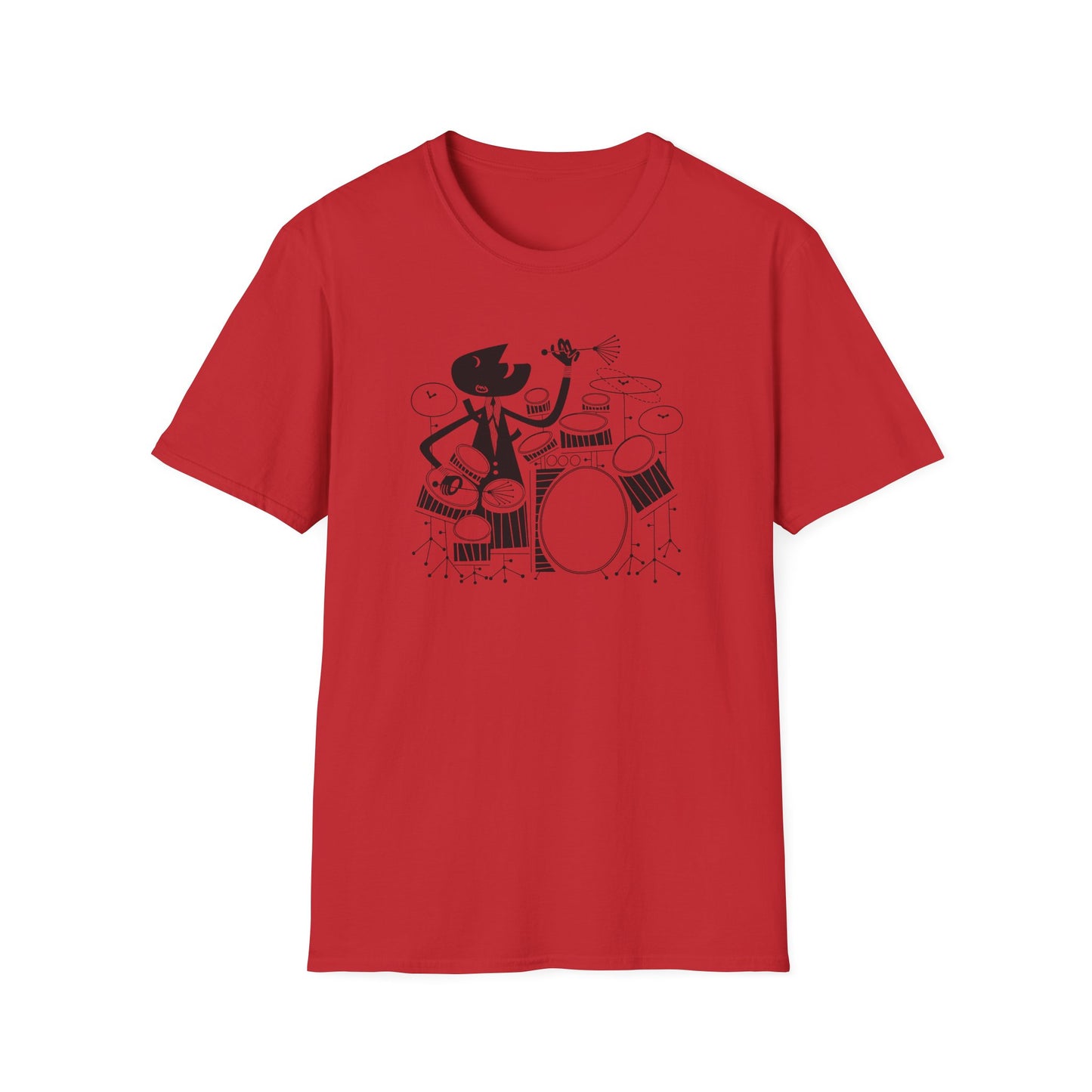 Black cartoon drummer with drum set graphic on a red short-sleeve t-shirt.