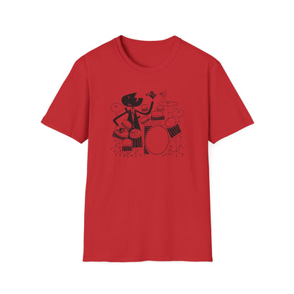 Black cartoon drummer with drum set graphic on a red short-sleeve t-shirt.