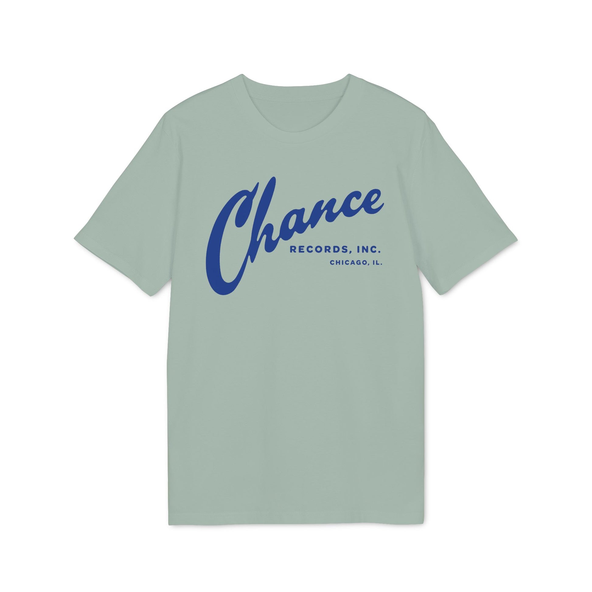 Light green t-shirt with blue Chance Records Chicago, IL graphic.
