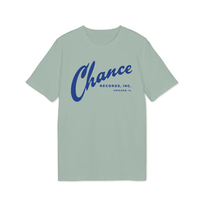 Light green t-shirt with blue Chance Records Chicago, IL graphic.